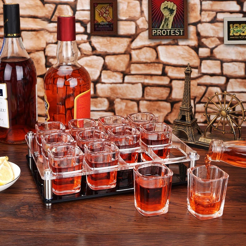 DZ D&Z 2 oz Shot Glass with Holder, Tequila Shot Glass Set, Easy to Carry 12 Heavy Base Glasses without Spilling, Clear Modern Acrylic Server Tray for Wedding,Anniversary,Graduation,Housewarming,Birthday - Image 3